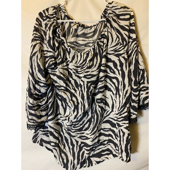 FASHION BUG WOMENS SIZE LARGE ZEBRA PRINT BLOUSE TOP SHIRT FLOWY L 90s Vibe - Picture 1 of 3